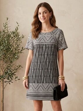 Avon Mark Black & White Geometric Shift Dress Mod Tribal Print Medium 60s